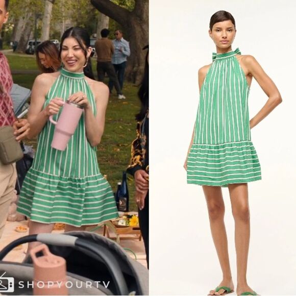 Christian Lacroix Striped High Neck Mini Dress in Green/White - Picture 1 of 8